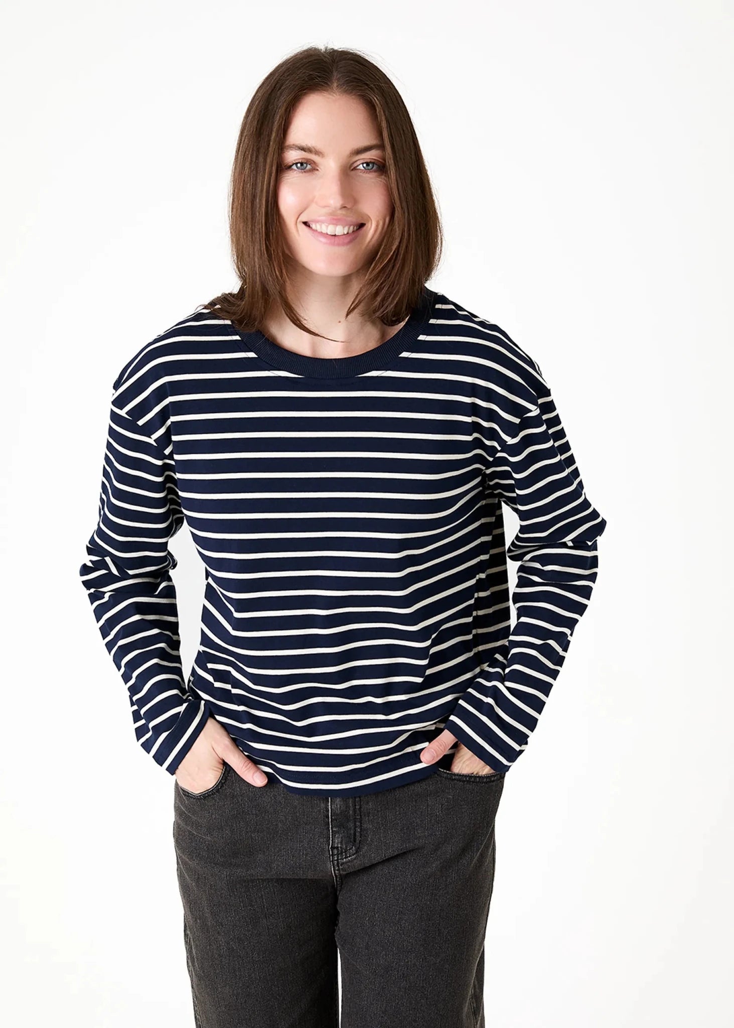 Stripe Crew Neck Long Sleeve T-Shirt - Navy - Simply Rye