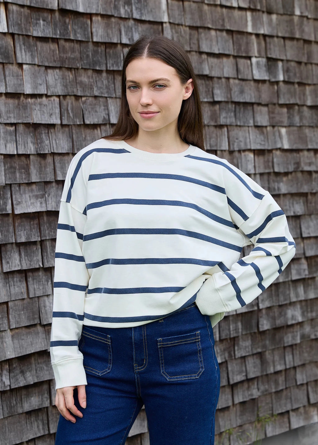 Stripe Crew Neck Sweatshirt - Ivory - Simply Rye