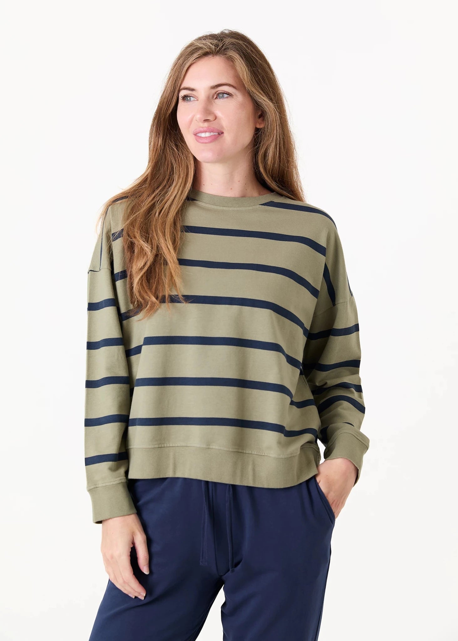 Stripe Crew Neck Sweatshirt - Khaki - Simply Rye