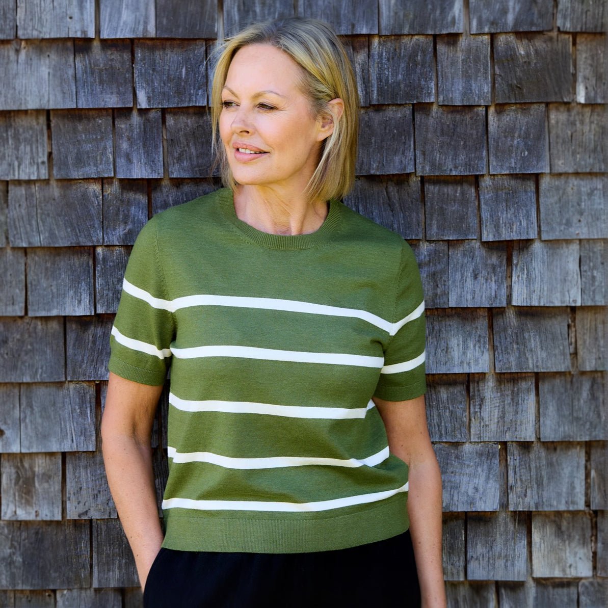 Stripe Short Sleeve Jumper - Leaf Green - Simply Rye