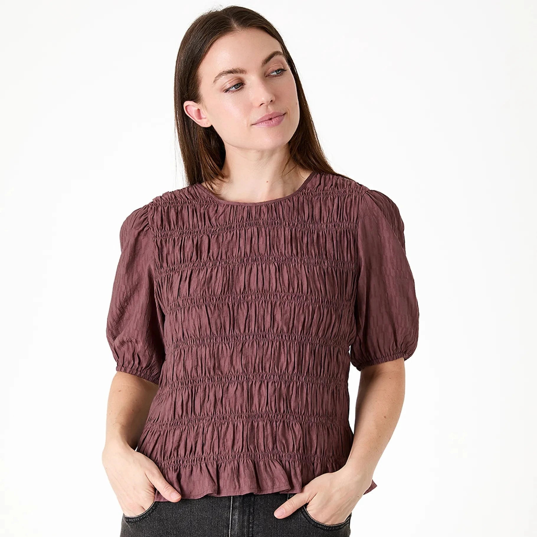 Textured Shirred Bodice Top - Mauve - Simply Rye