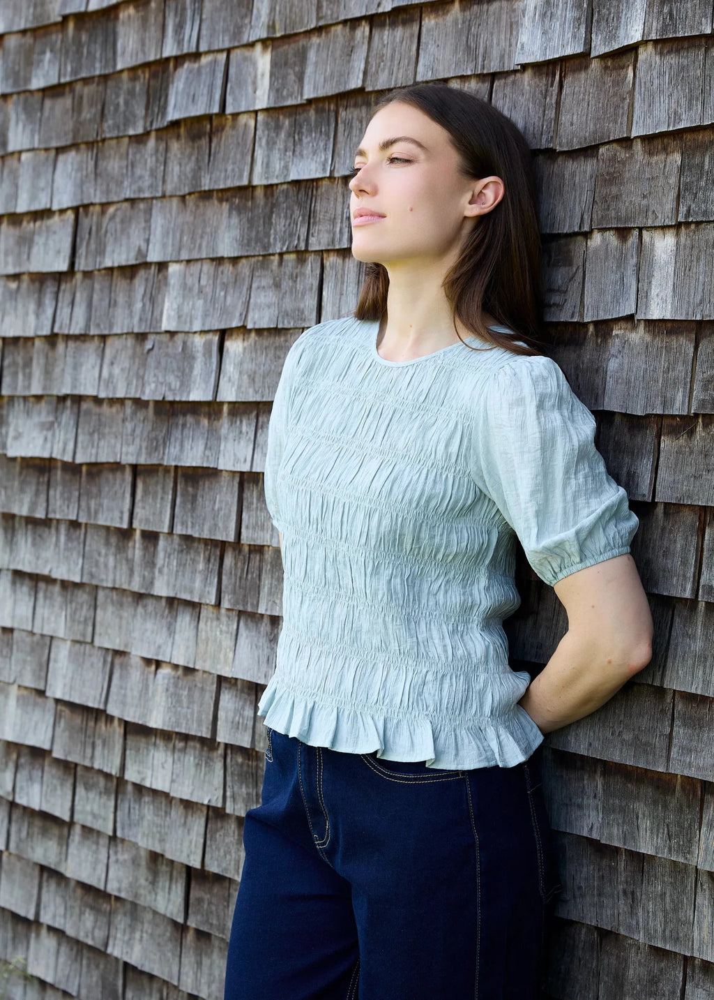 Textured Shirred Bodice Top - Sea Spray - Simply Rye