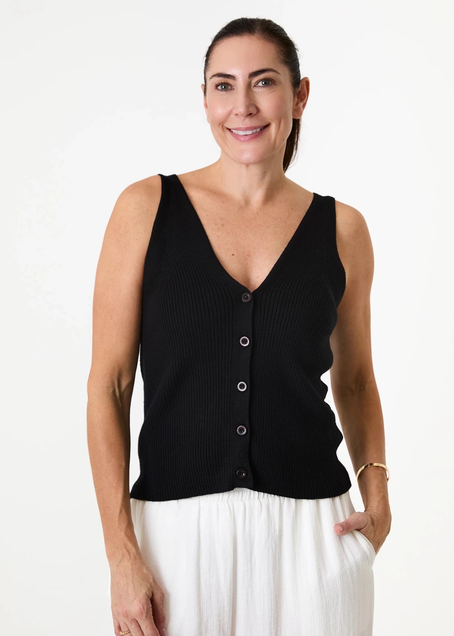 V Neck Button Through Knitted Vest - Black - Simply Rye