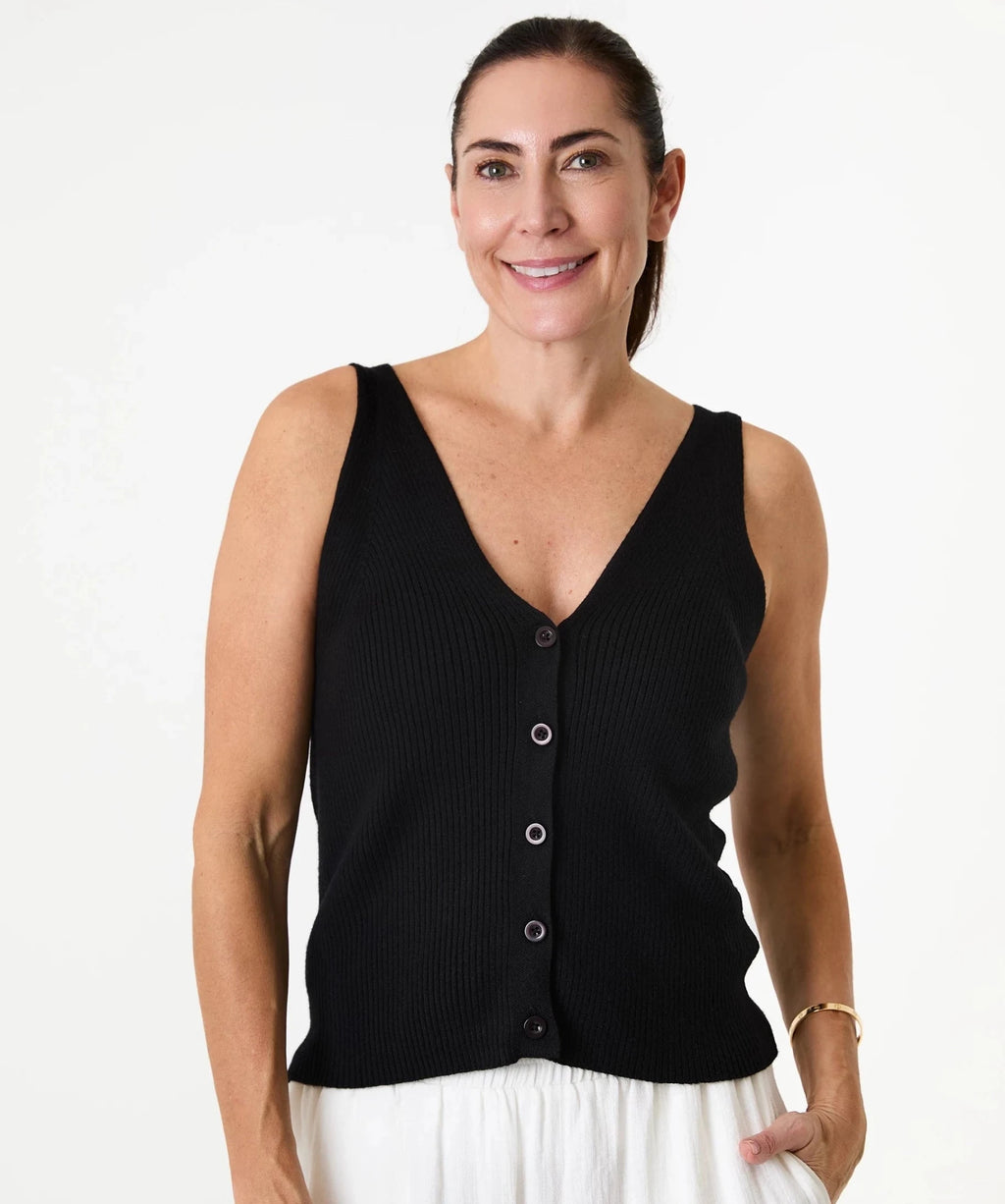 V Neck Button Through Knitted Vest - Black - Simply Rye