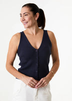 V Neck Button Through Knitted Vest - Navy - Simply Rye
