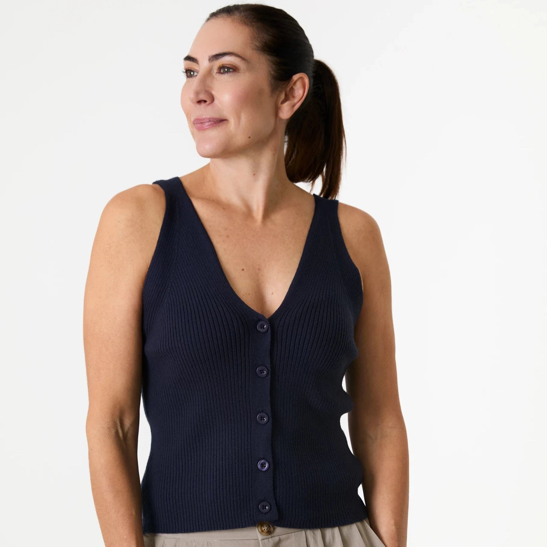 V Neck Button Through Knitted Vest - Navy - Simply Rye