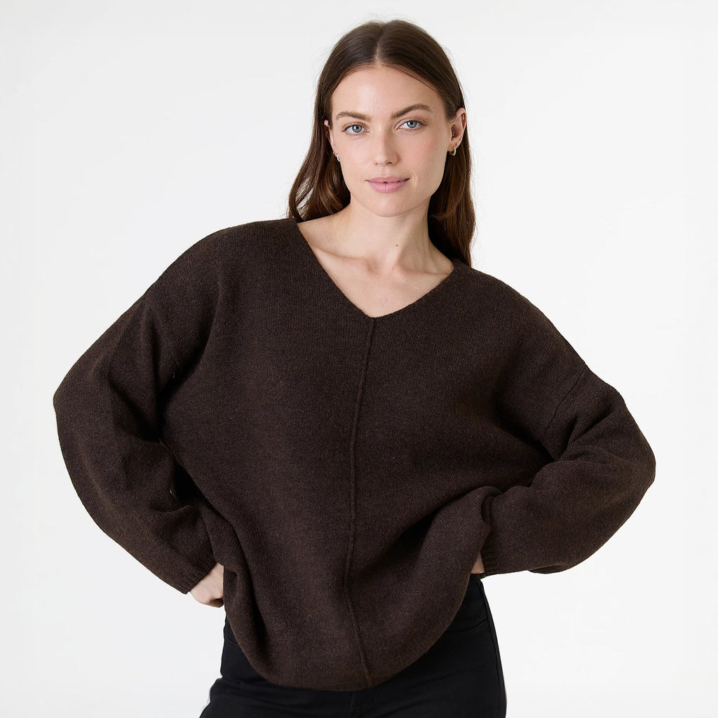 V - Neck Seam Detail Jumper - Chocolate - Simply Rye