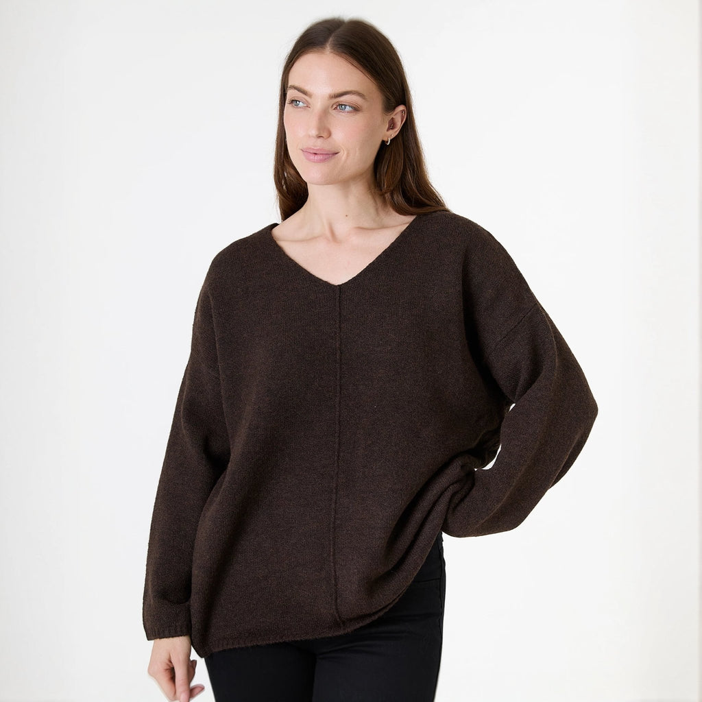 V - Neck Seam Detail Jumper - Chocolate - Simply Rye