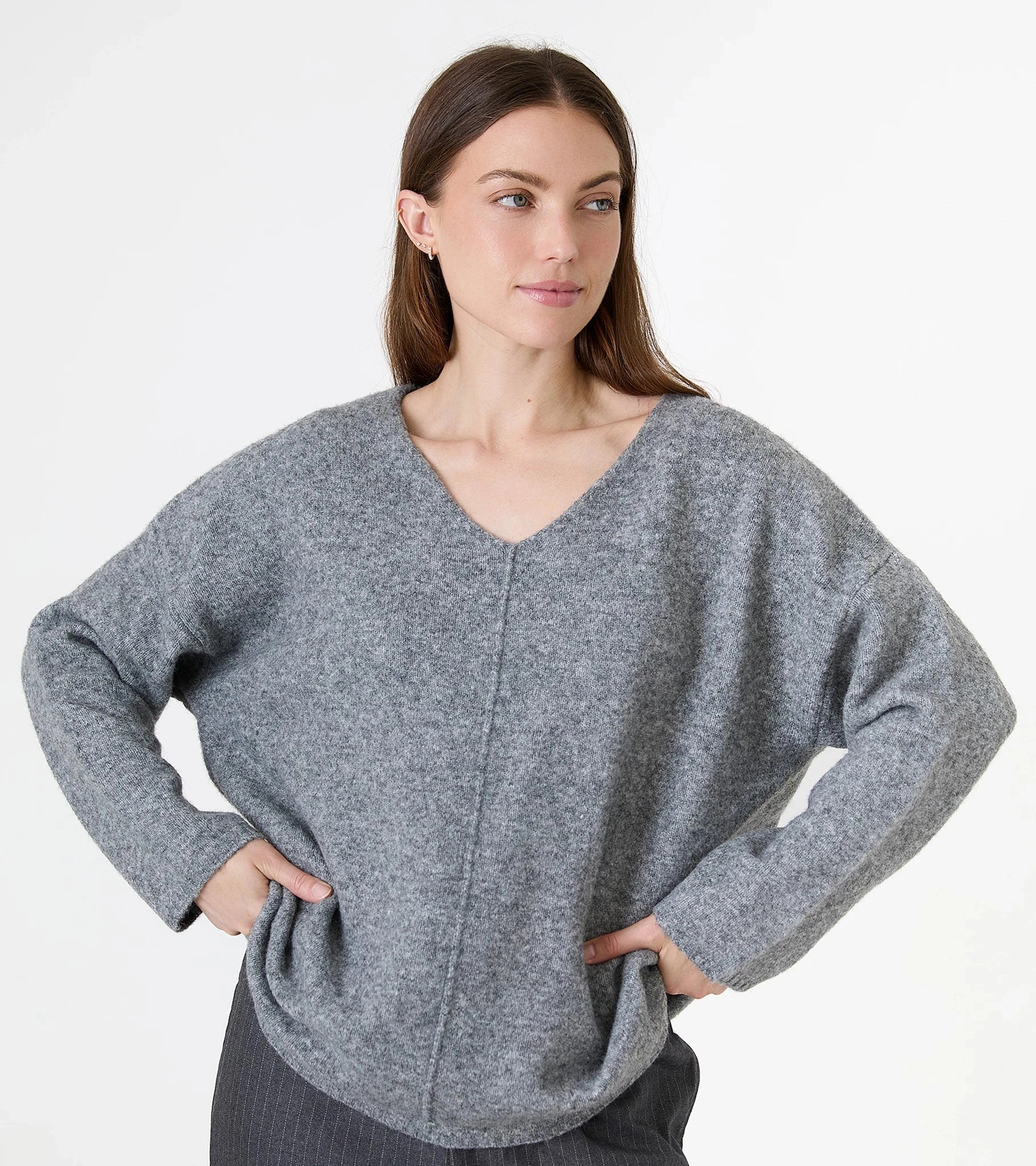 V - Neck Seam Detail Jumper - Mid Grey - Simply Rye