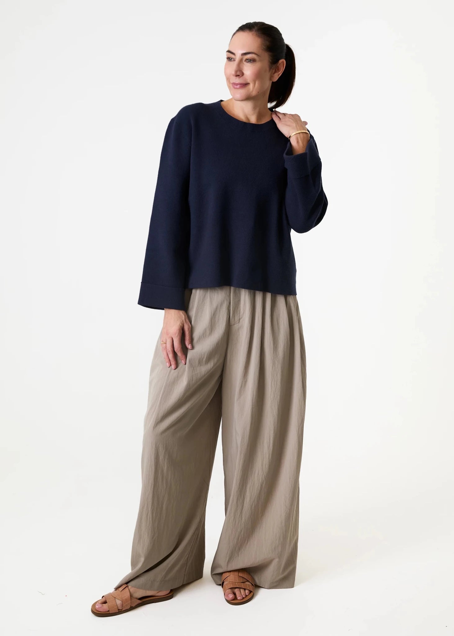 Wide Leg Pleated Palazzo Trousers - Mushroom - Simply Rye