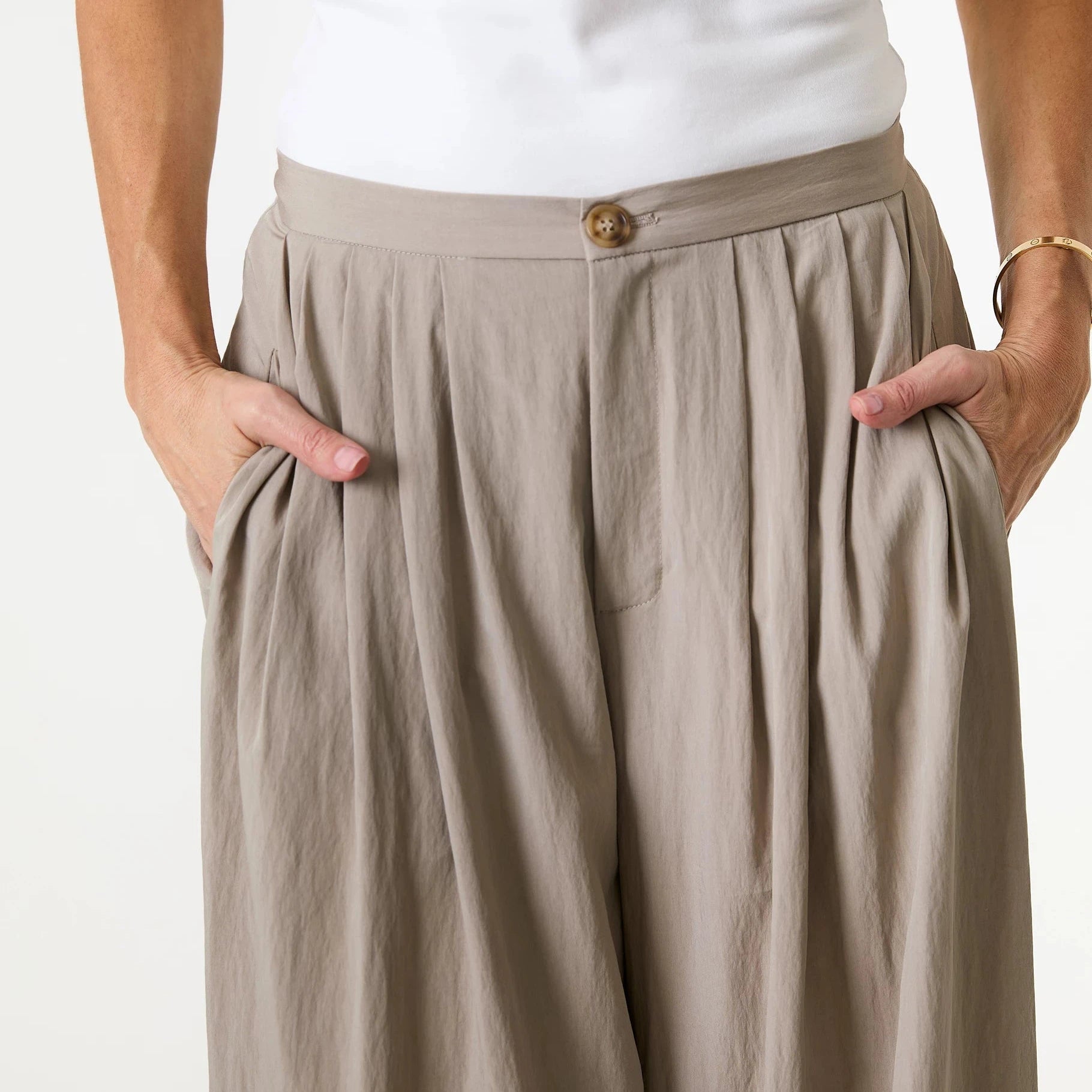 Wide Leg Pleated Palazzo Trousers - Mushroom - Simply Rye