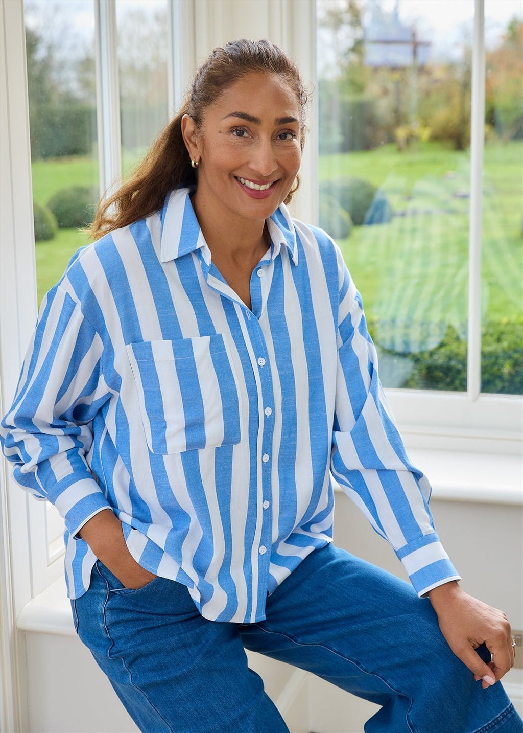 Wide Stripe Patch Pocket Shirt - Blue - Simply Rye