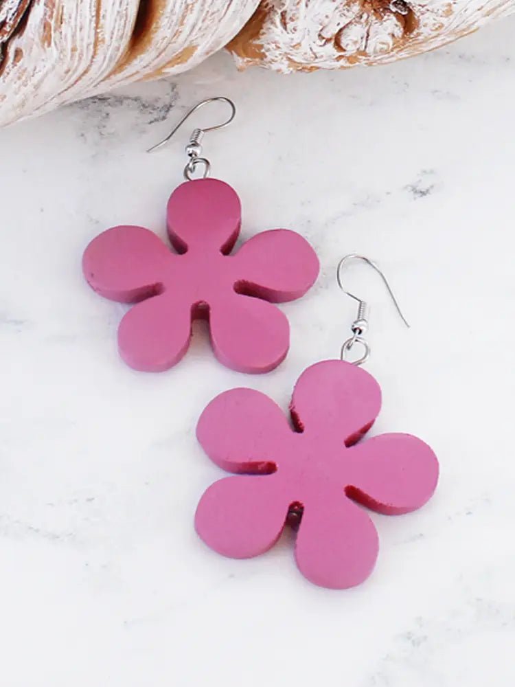 Wooden Flower Earrings - Pink - Simply Rye