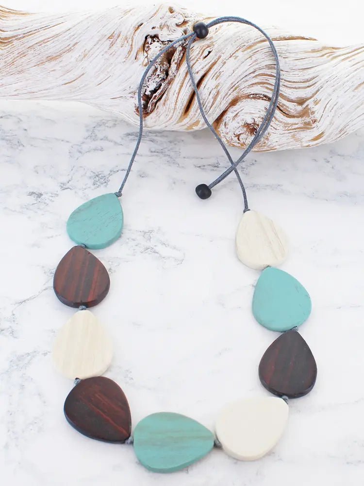 Wooden Teardrop Necklace - Mint/Brown - Simply Rye