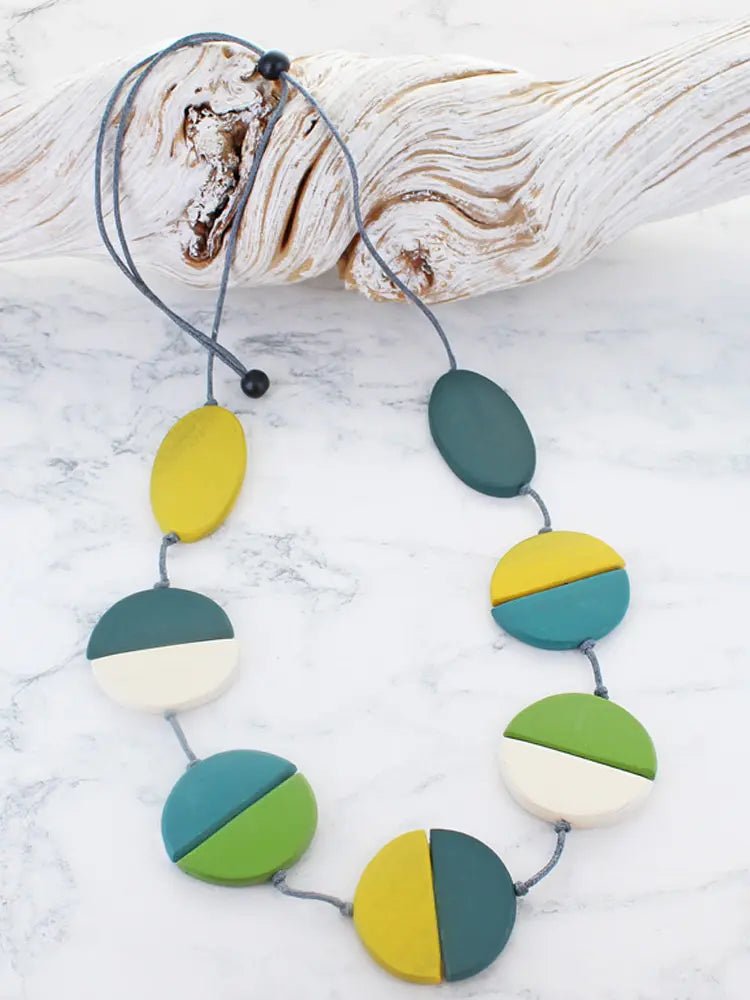Wooden Two - Tone Disc Necklace - Green/Mustard - Simply Rye
