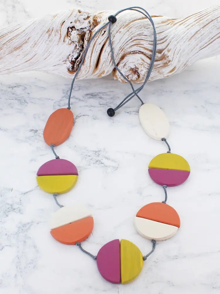 Wooden Two - Tone Disc Necklace - Pink/Orange - Simply Rye