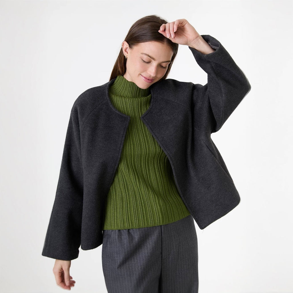 Wool Blend Boxy Jacket - Charcoal - Simply Rye